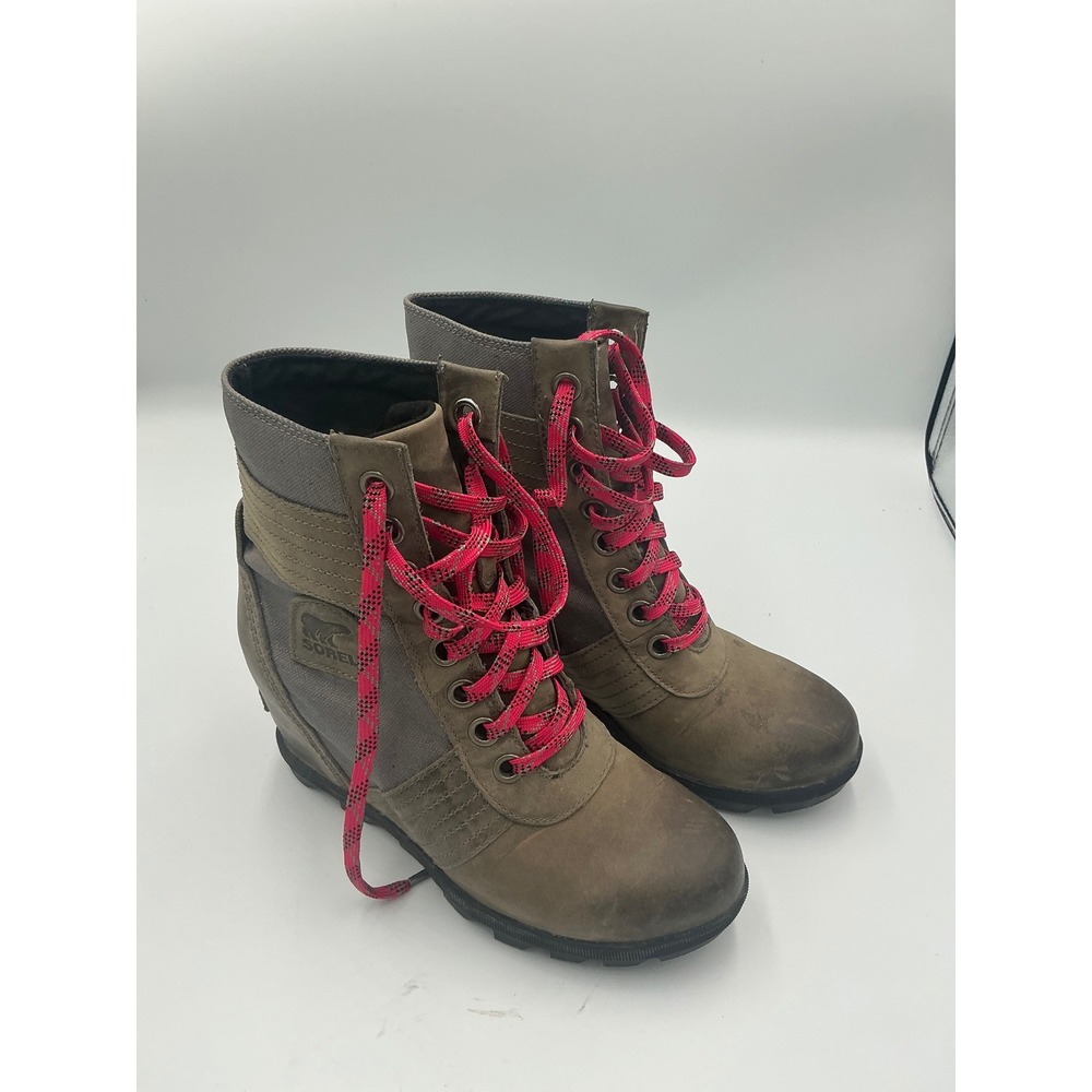 Sorel Lexie Wedge Boots Quarry Grey Brown Pink Laces NL3046-052 Womens 7.5